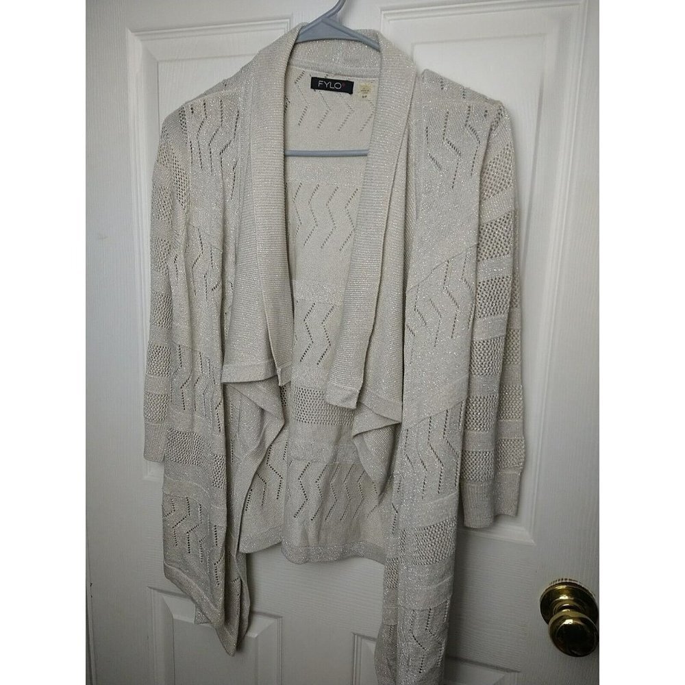 FYLO Women's Open Waterfall 3/4 Sleeve Tan Metallic Silver Accent  Sweater SizeS